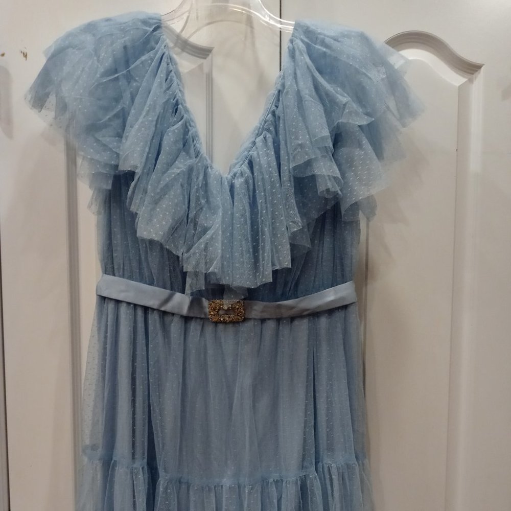 NWOT Blue Swiss Dot Dress with crystal belt